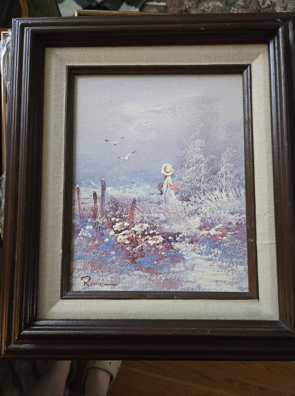 vintage impressionist oil painting "woman in flowers" Flower Garden Wood Frame